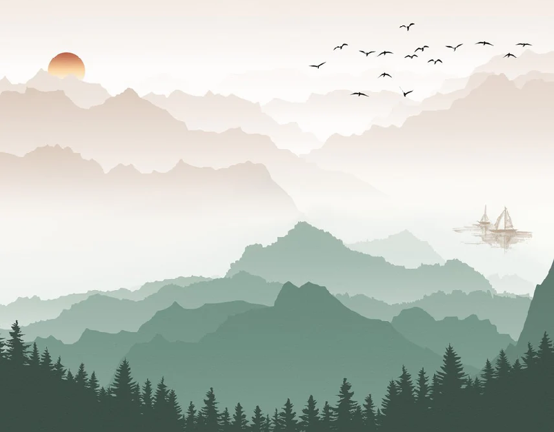 Papier peint montagne dans brume terracotta