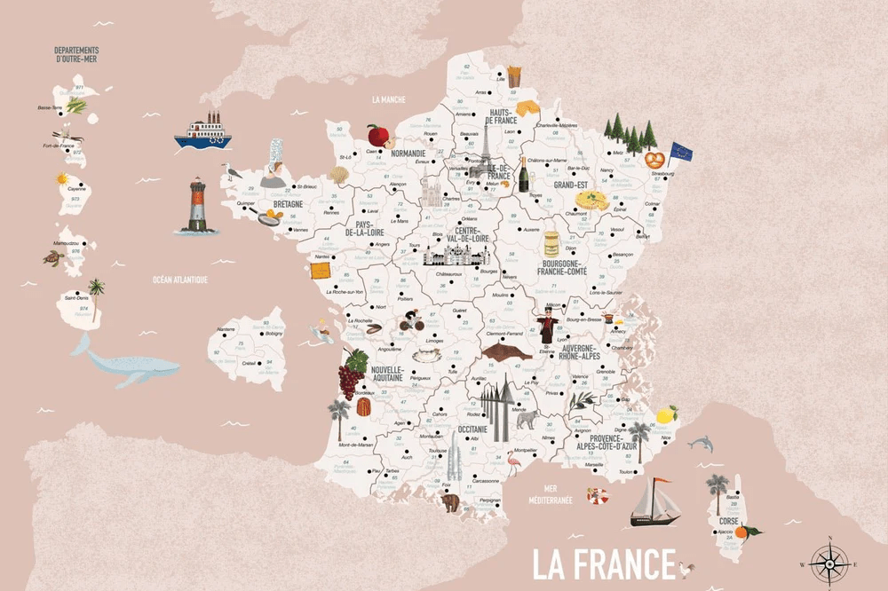 Papier peint enfant carte France rosé