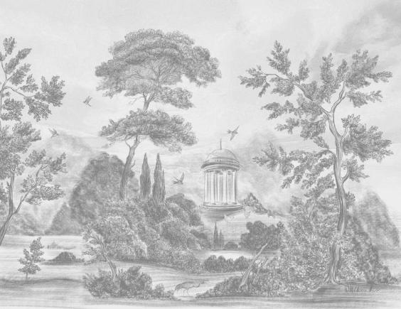 Papier peint panoramique Villa Borghese Rome – Gravure noir et blanc pins italiens - Muralconcept