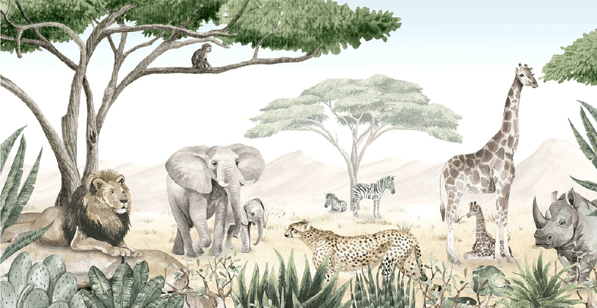 Papier peint enfant savane en peinture