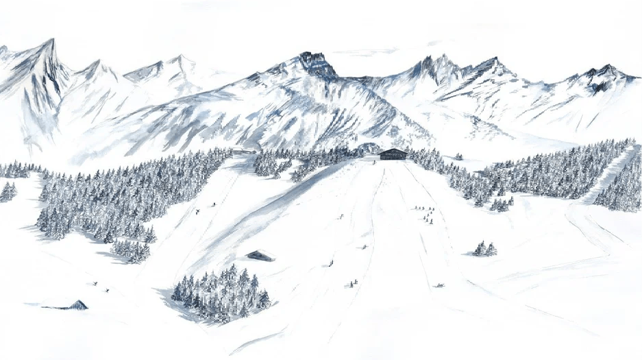 Papier peint montagne Megève – Fresque artistique peinte à la main - Muralconcept