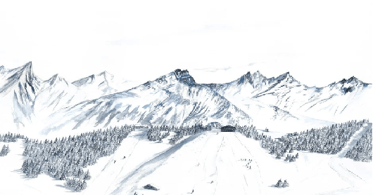 Papier peint montagne Megève – Fresque artistique peinte à la main - Muralconcept