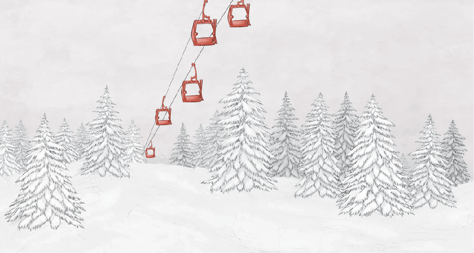 Papier peint montagne télécabine rouge - Muralconcept