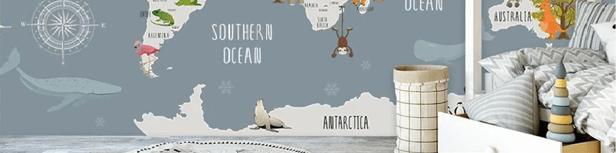 Papier peint chambre enfant map animaux gris, XXL, tendance