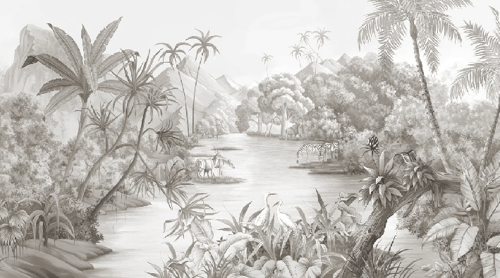Papier peint panoramique jungle pittoresque - Muralconcept