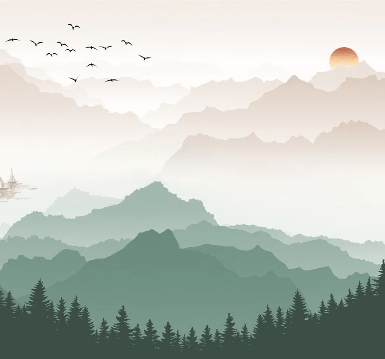 Papier peint montagne dans brume terracotta