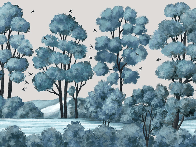 Papier peint paysage rivière forêt bleu - Muralconcept