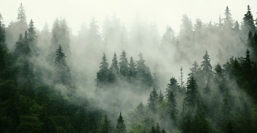 Papier peint forêt brumeuse verte - Muralconcept