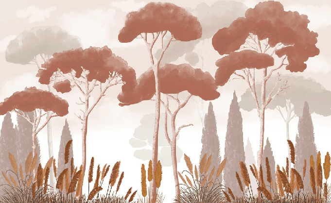 Papier peint cyprès pins et herbes de la pampa terracotta - Muralconcept