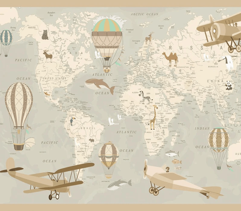 Papier peint enfant carte du monde aviateur, XXL, tendance
