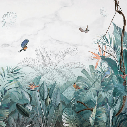 Papier peint salle de bain jungle bleu marbre, XXL, tendance