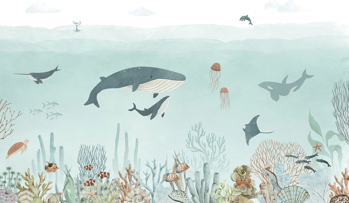 Papier peint bébé baleines bleu - Muralconcept