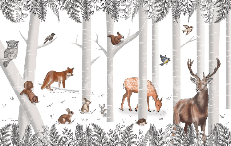 Papier peint bois enchanté et ses animaux - Muralconcept