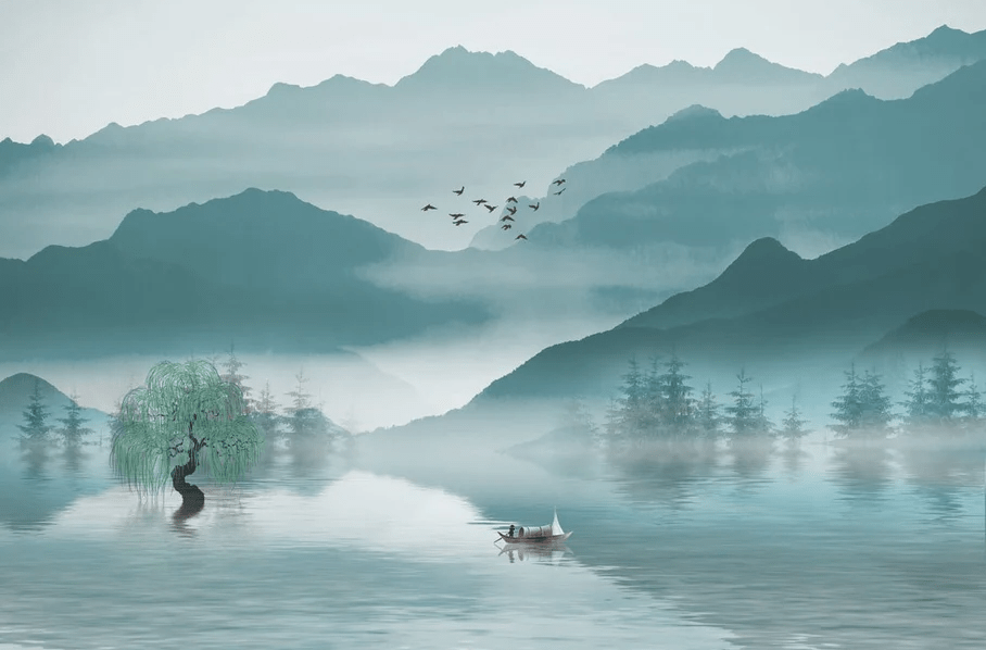 Papier peint entre montagne et lac