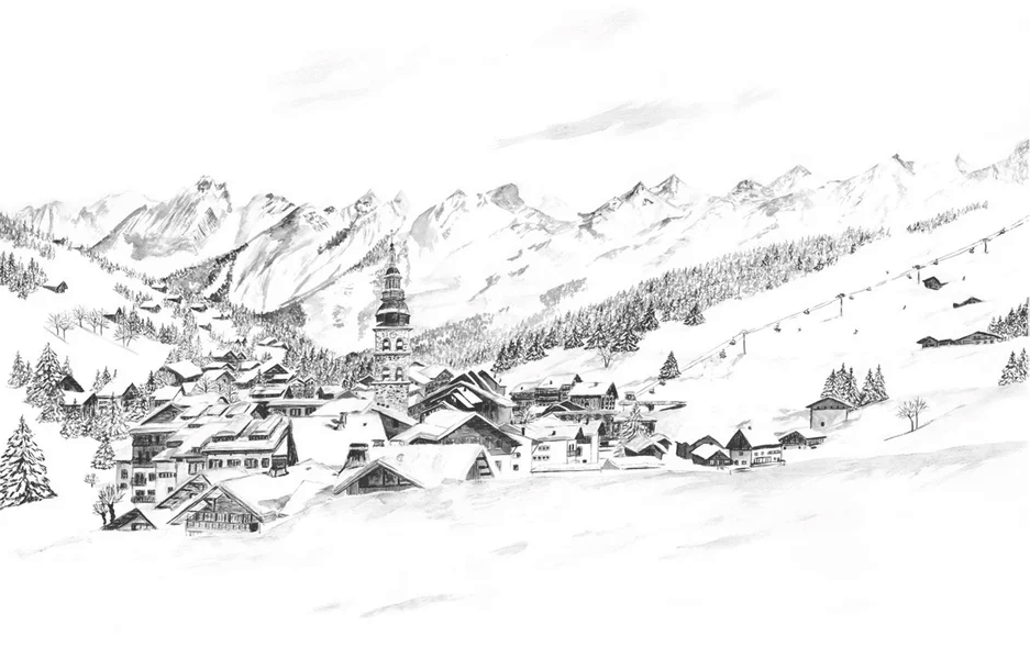 Papier peint panoramique La Clusaz en peinture - Noir et blanc - Muralconcept