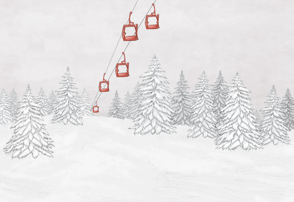 Papier peint montagne télécabine rouge - Muralconcept