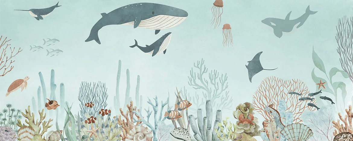 Papier peint bébé baleines bleu - Muralconcept