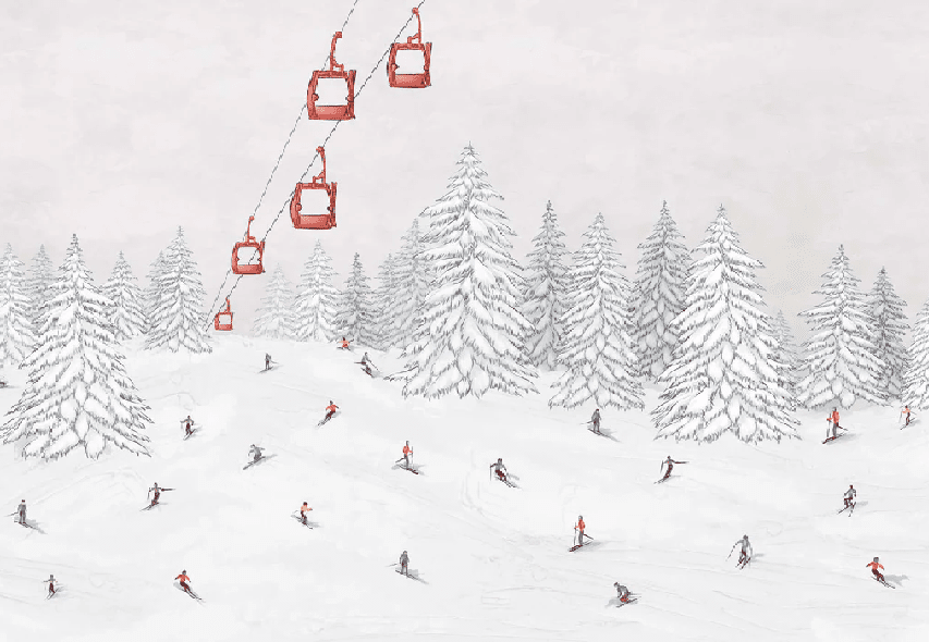 Papier peint télécabine skieurs colorés - Muralconcept