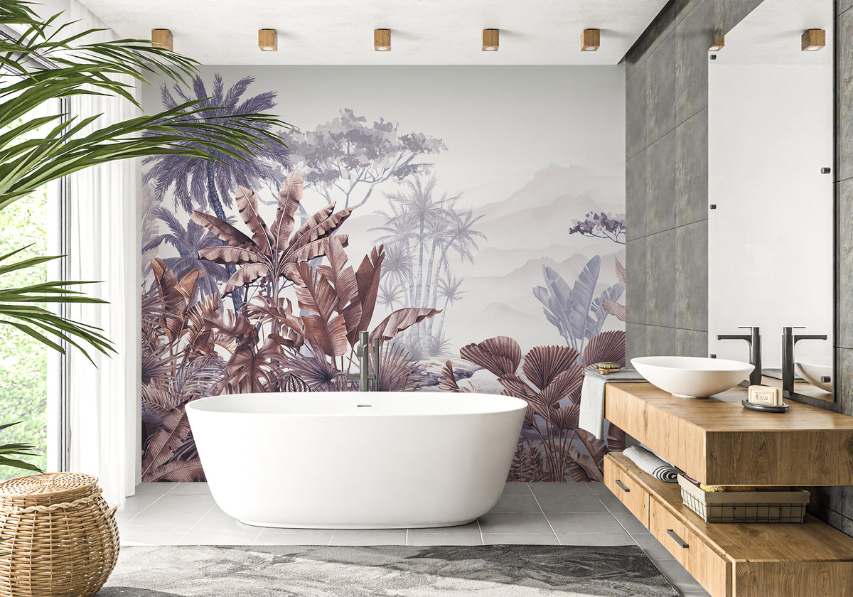 Trendy tropical purple bathroom wallpaper