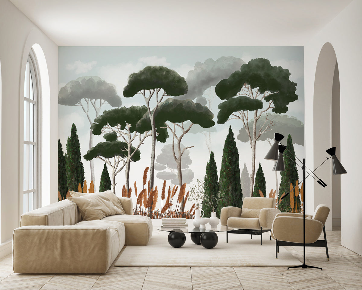 Custom wallpaper cypress pines and pampas grass