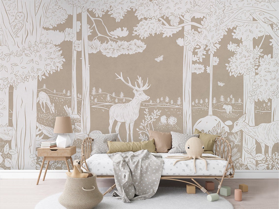 Beige woodland animals wallpaper