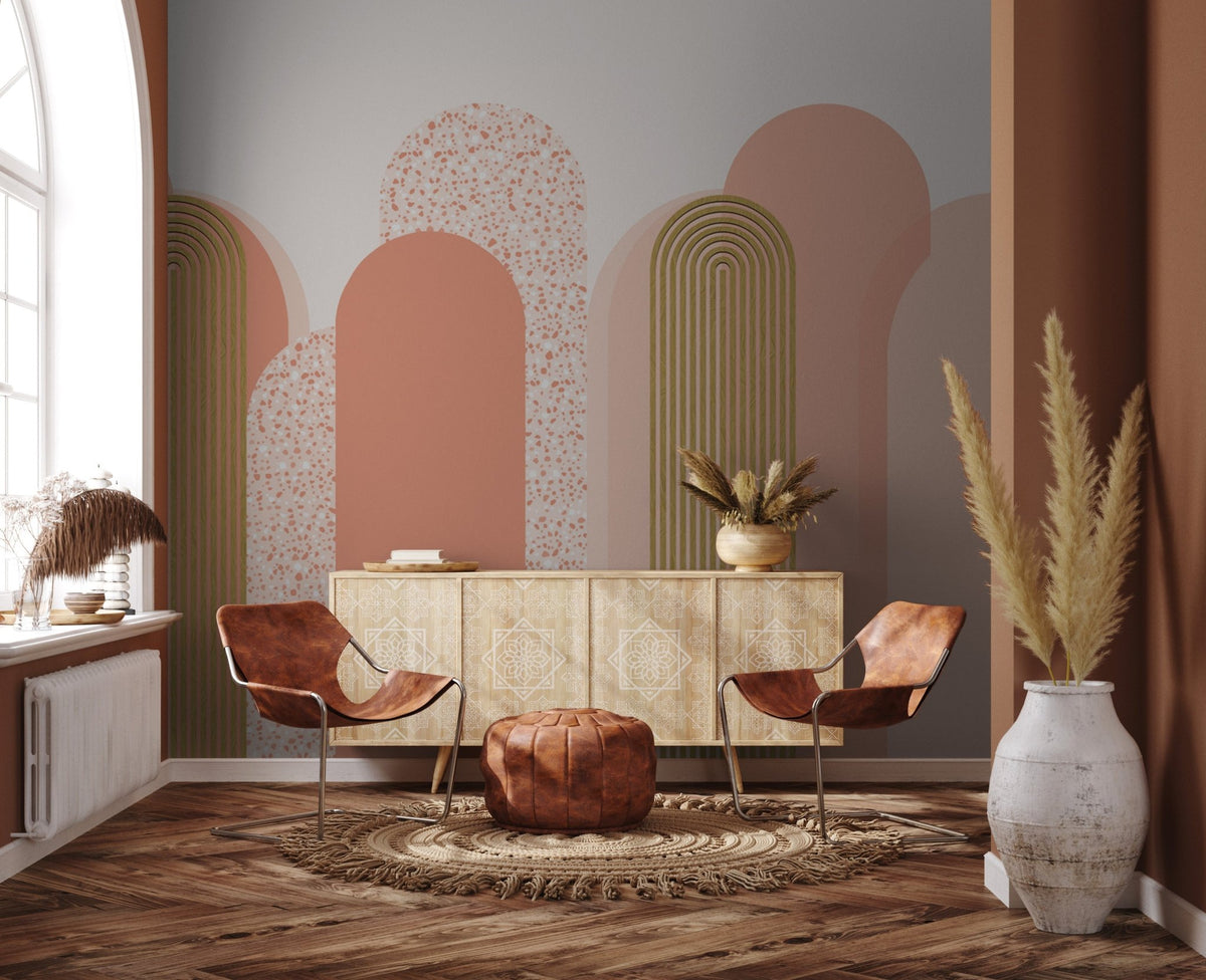 Graphic art deco wallpaper in pink