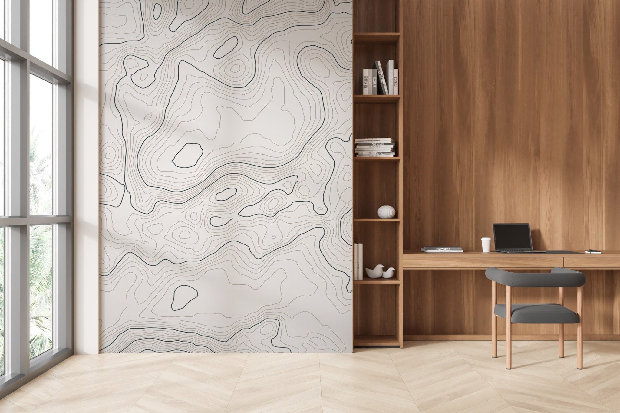 Papier peint ligne topographique - Noir et blanc, XXL, tendance