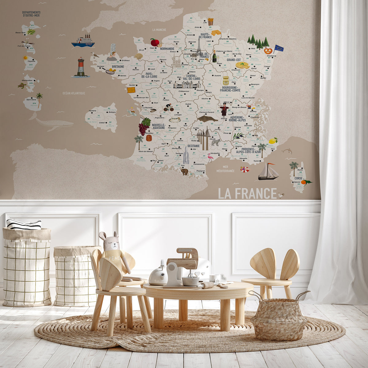 Beige children's France map wallpaper