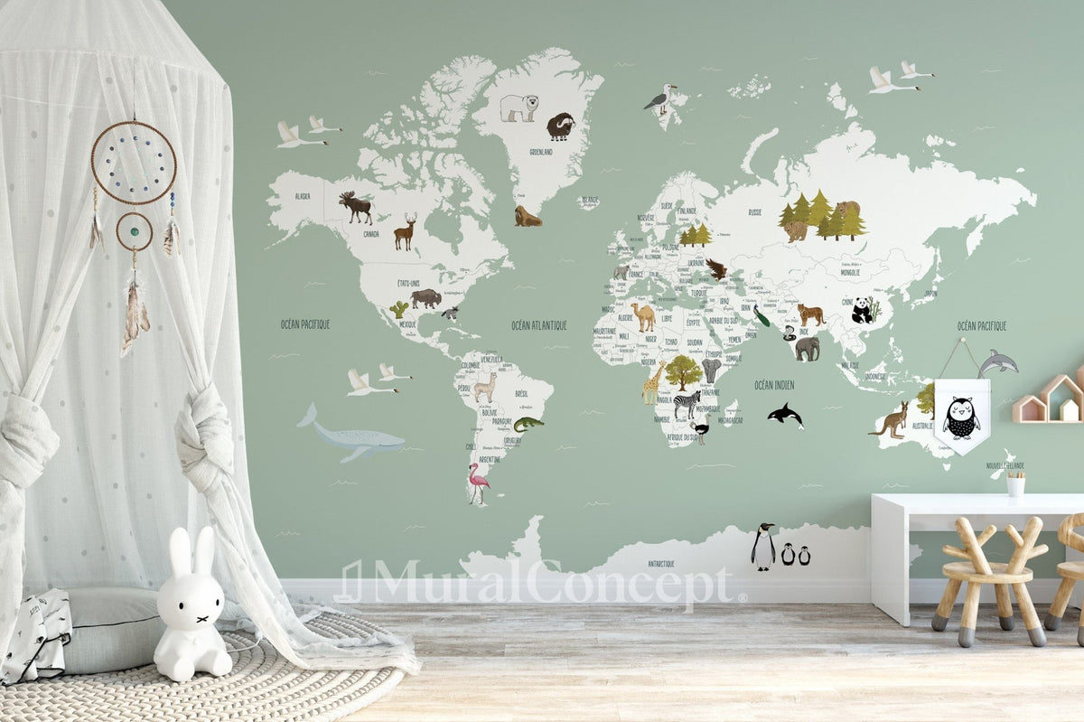 Green child's world map wallpaper in French