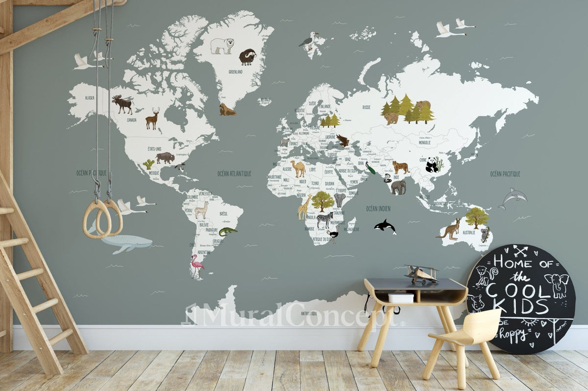 Grey world map wallpaper for children in French