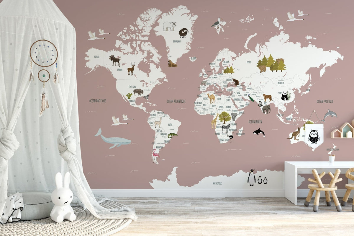 Old pink French world map wallpaper for children