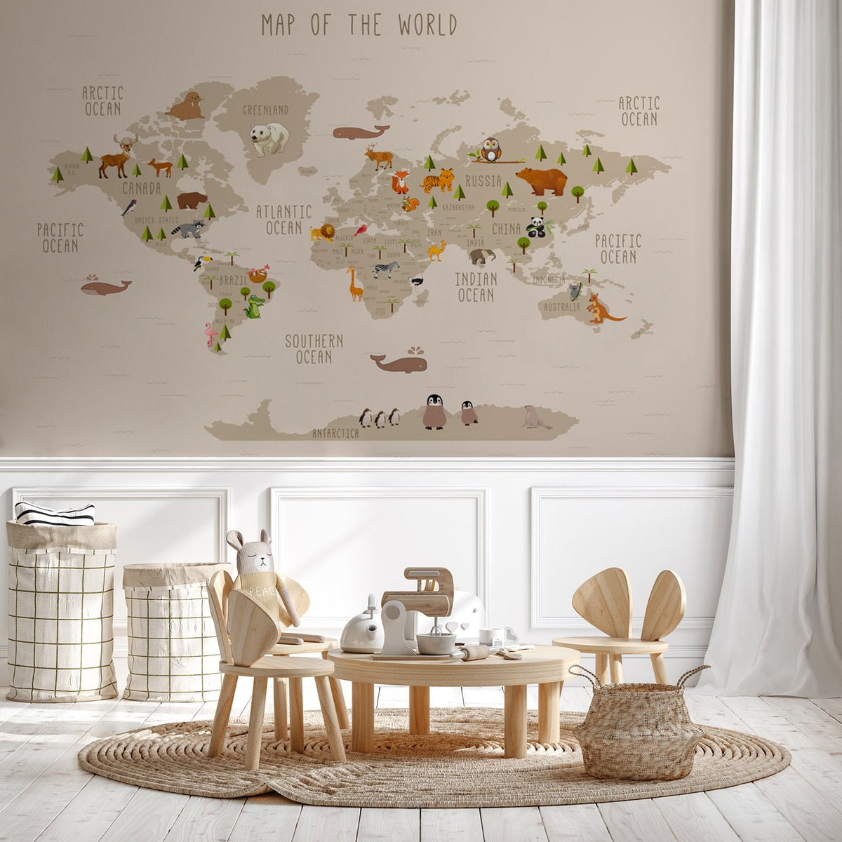 Illustrated World Map Animals Beige