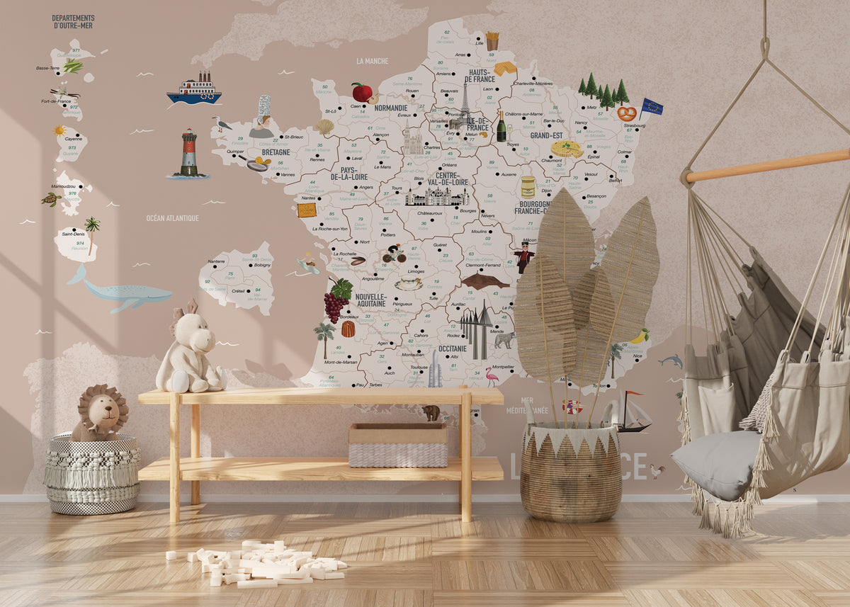 Children's wallpaper map of France pink