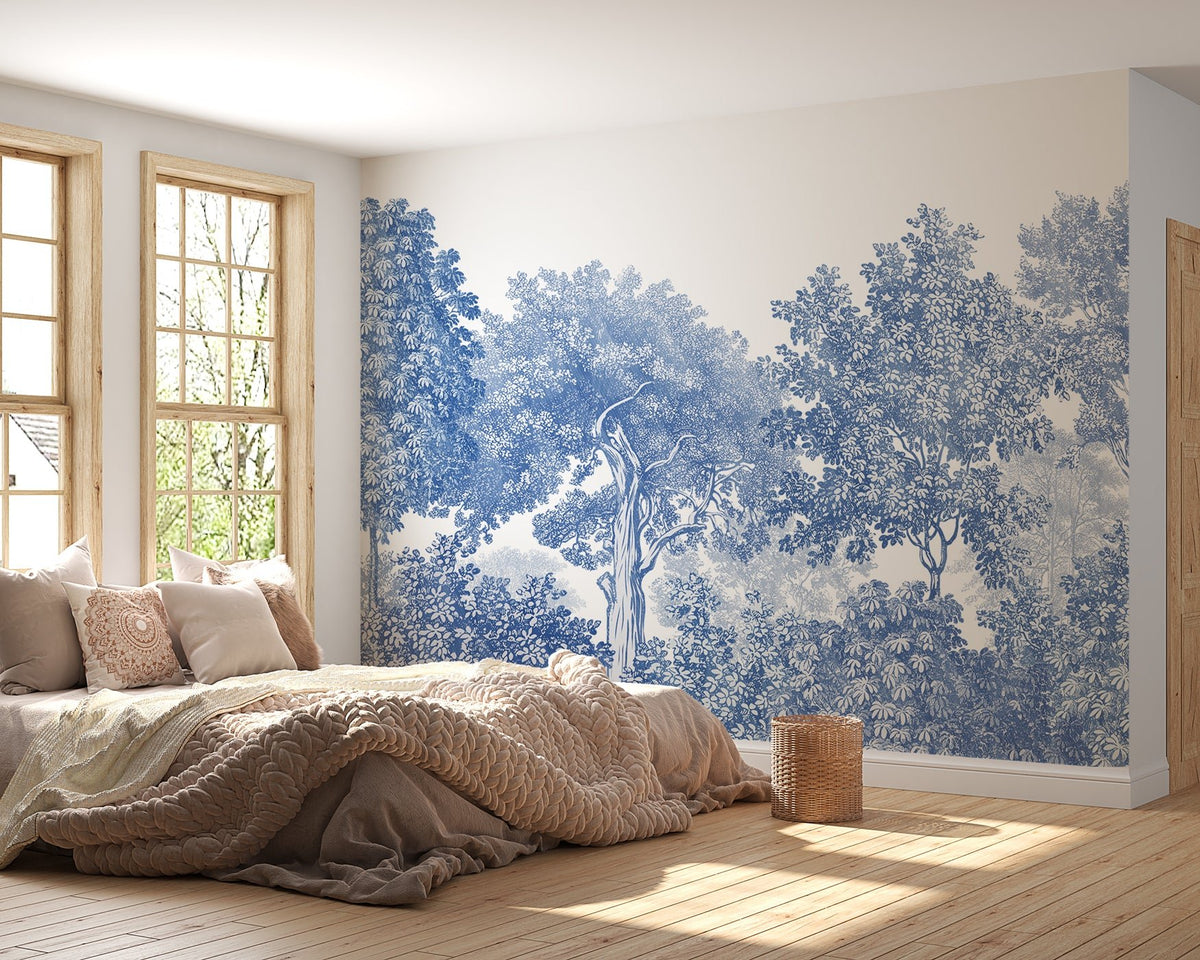 Forest landscape wallpaper engraving blue