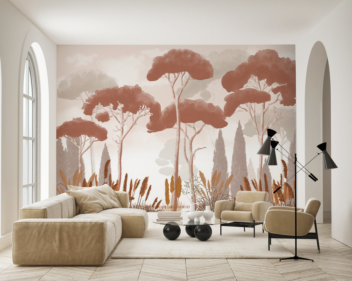 Cypress pine and pampas grass terracotta wallpaper