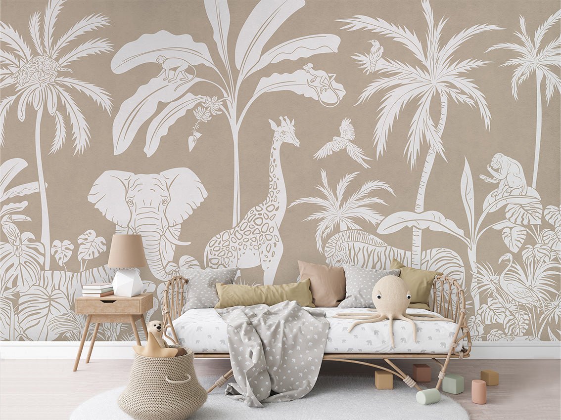 Children's wallpaper safari monochrome beige