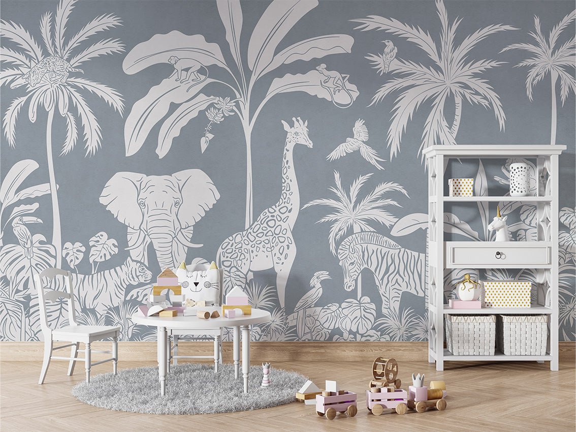 Blue monochrome safari children's wallpaper 