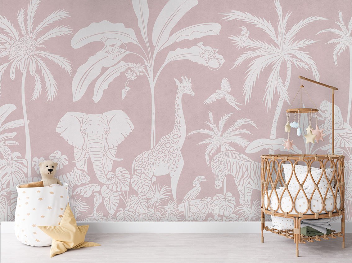 Monochrome pink safari children's wallpaper 