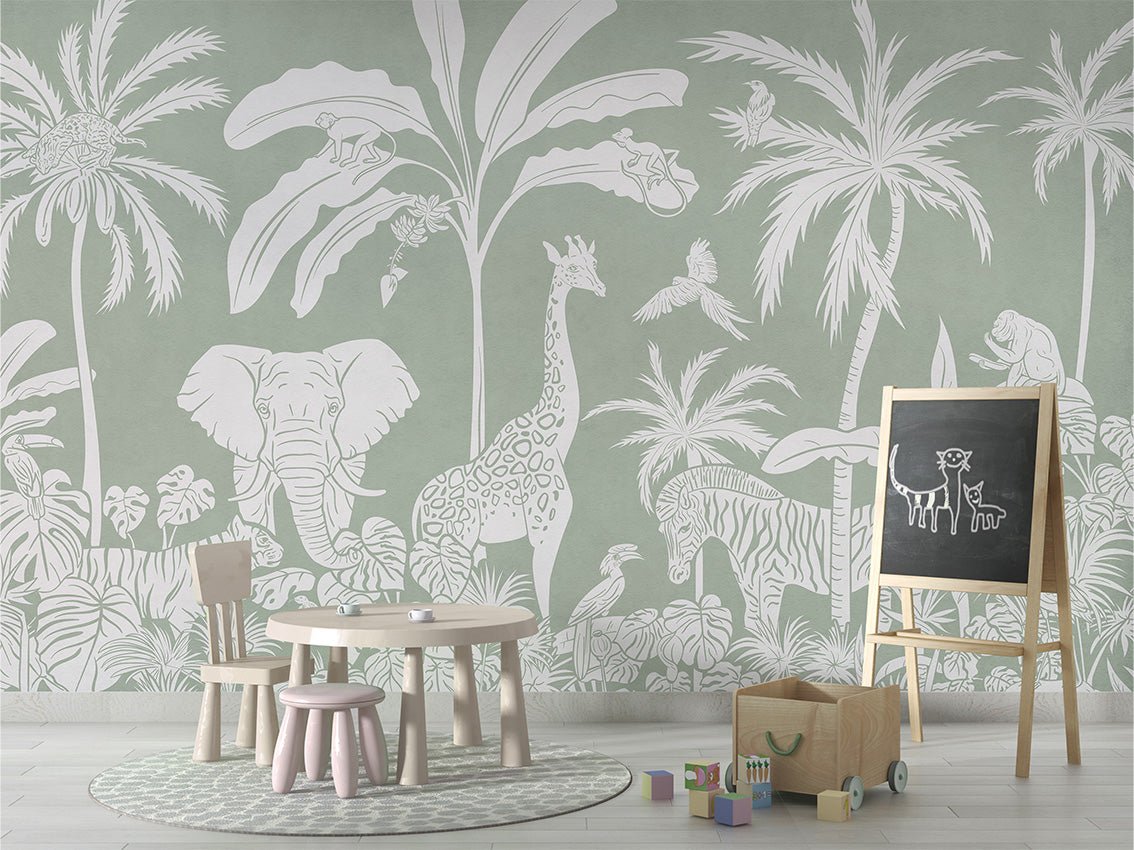 Green monochrome safari children's wallpaper 