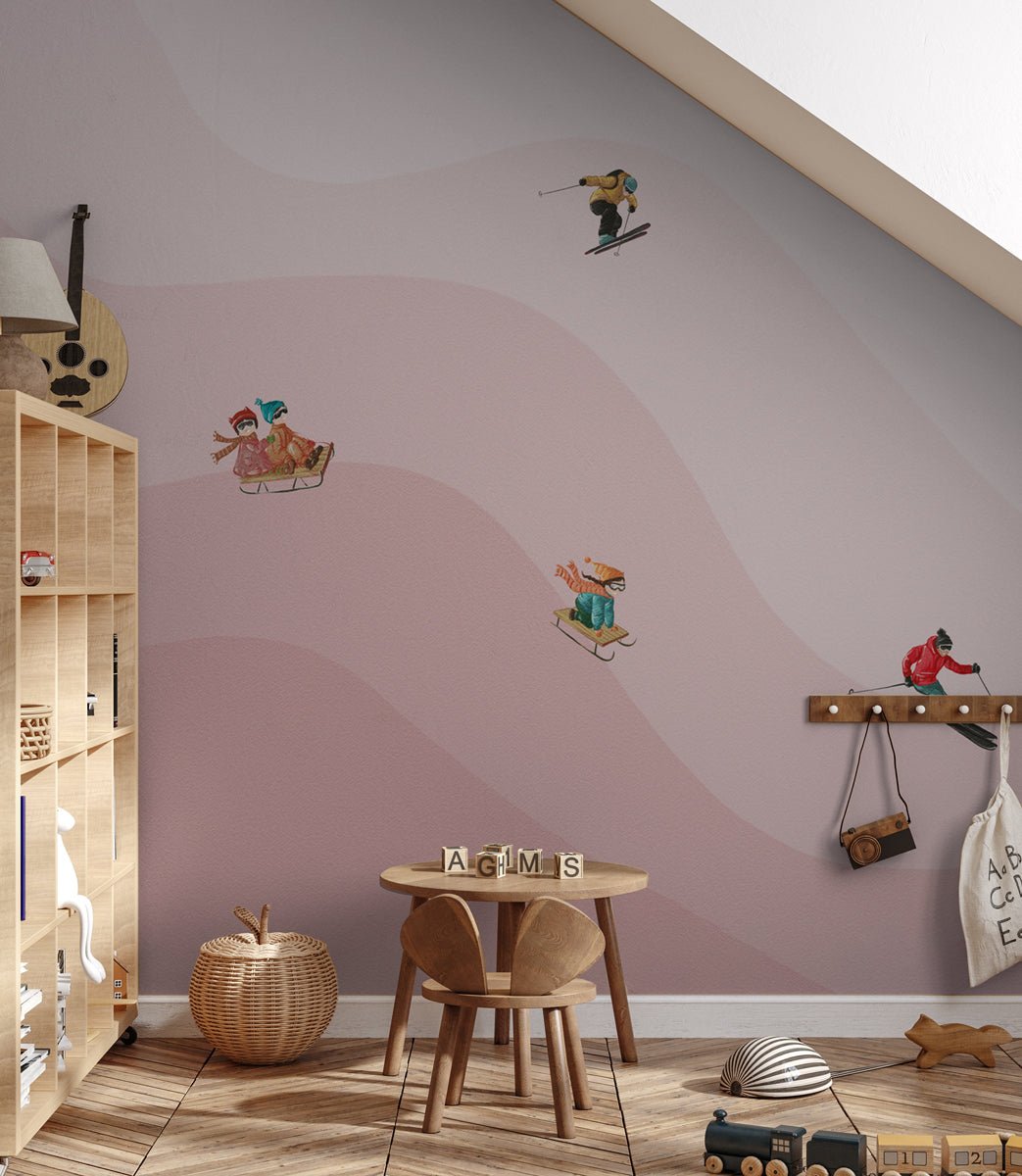 Pink skiers children's wallpaper