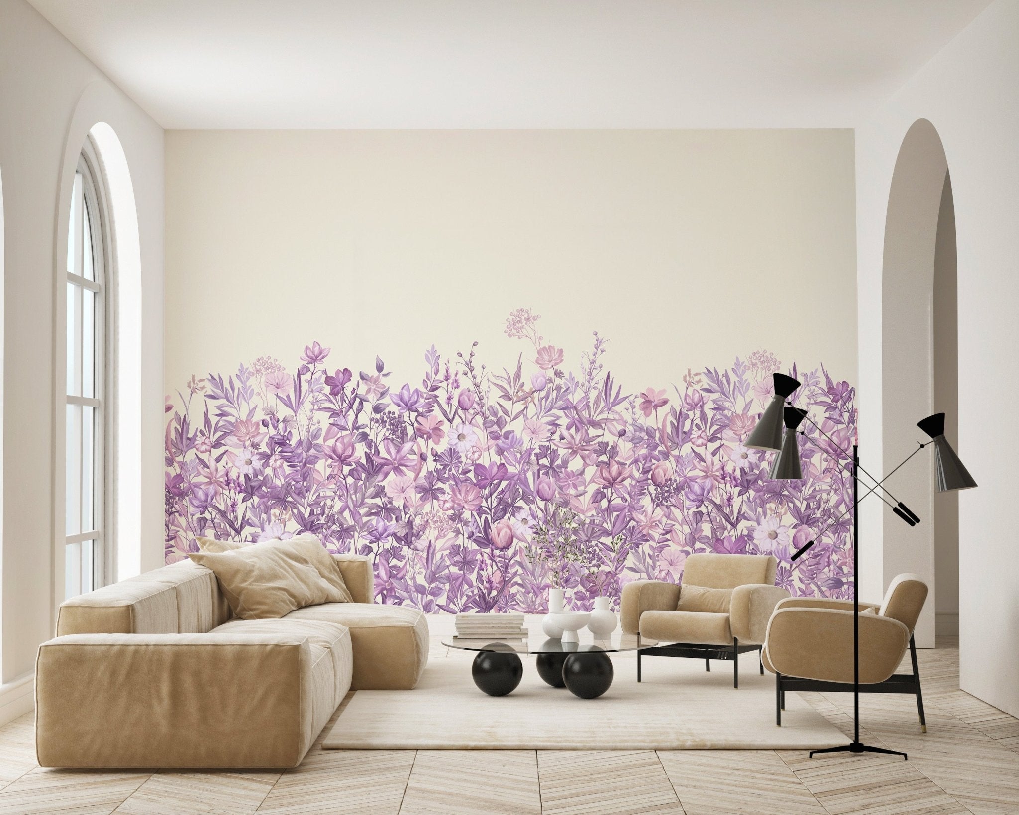 Papier peint fleurs au pinceau parme
