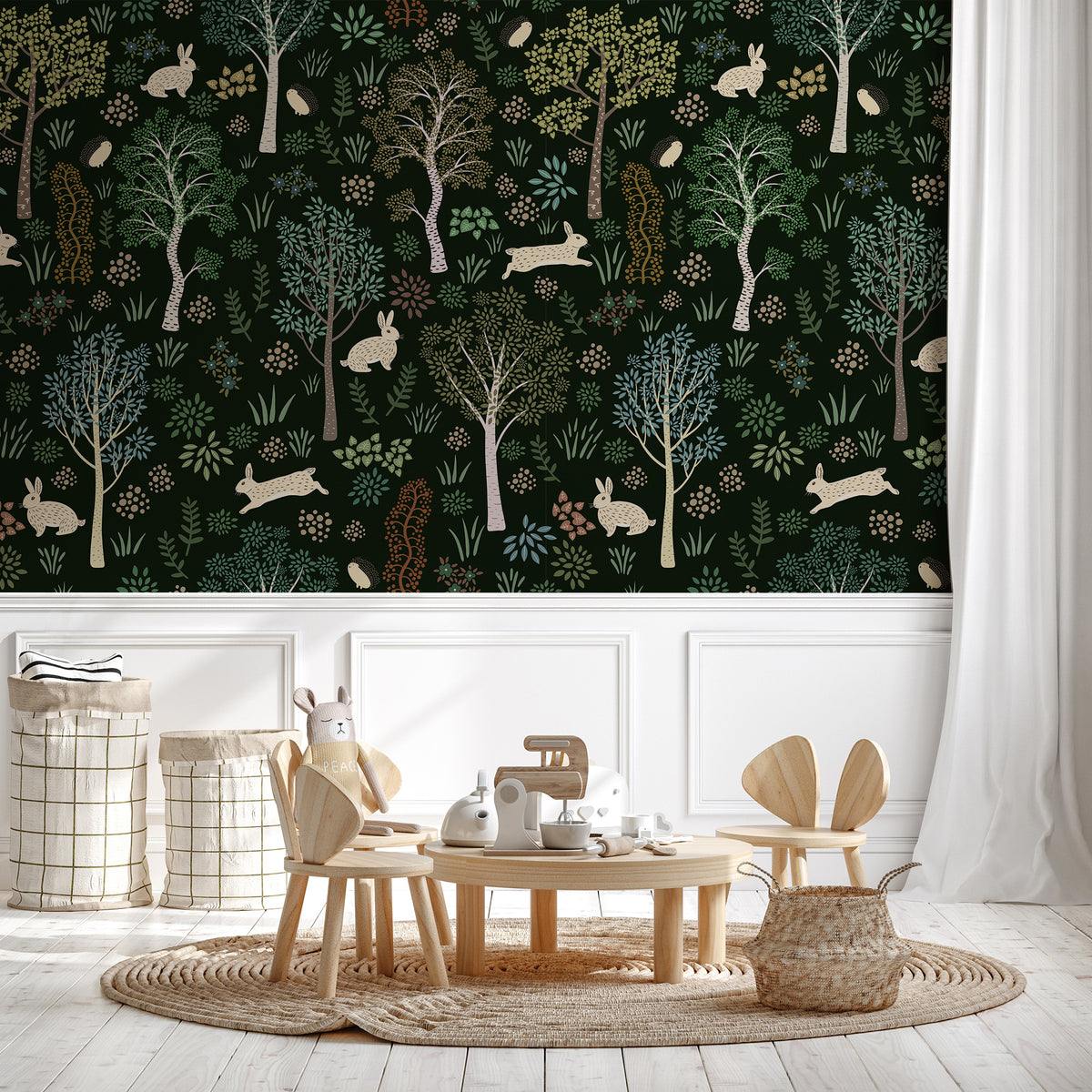 Panoramic baby wallpaper forest and rabbits