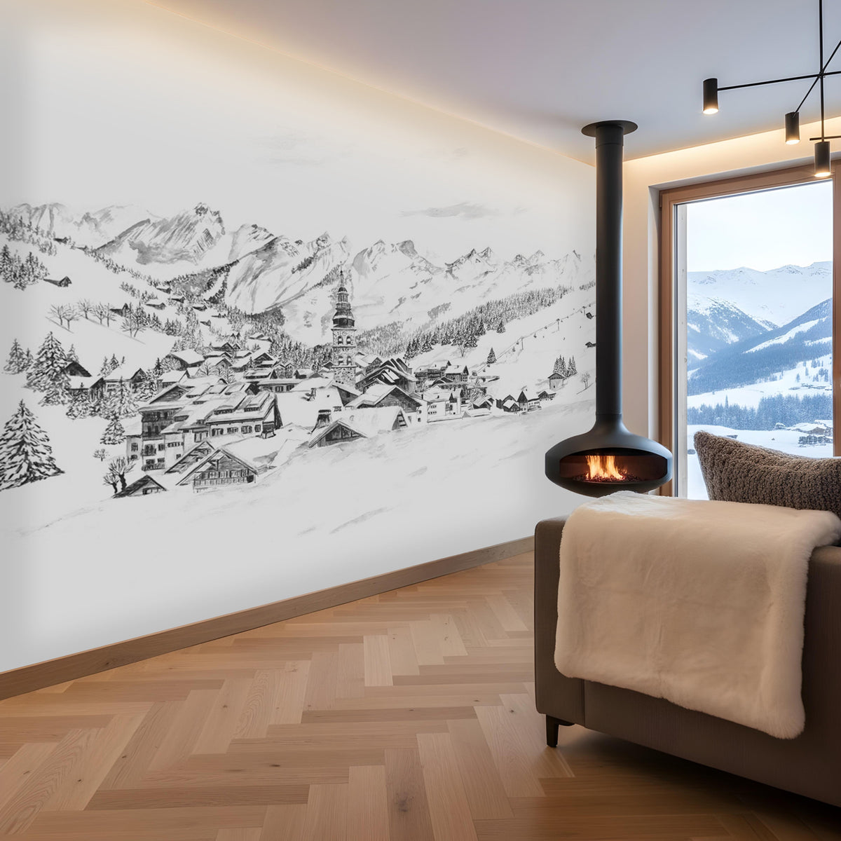 Papier peint panoramique La Clusaz en peinture - Noir et blanc