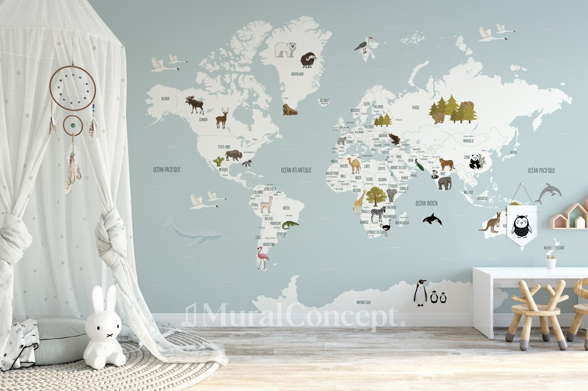 Papier peint Carte du monde en Francais enfant bleu glacier, mural concept, tendance