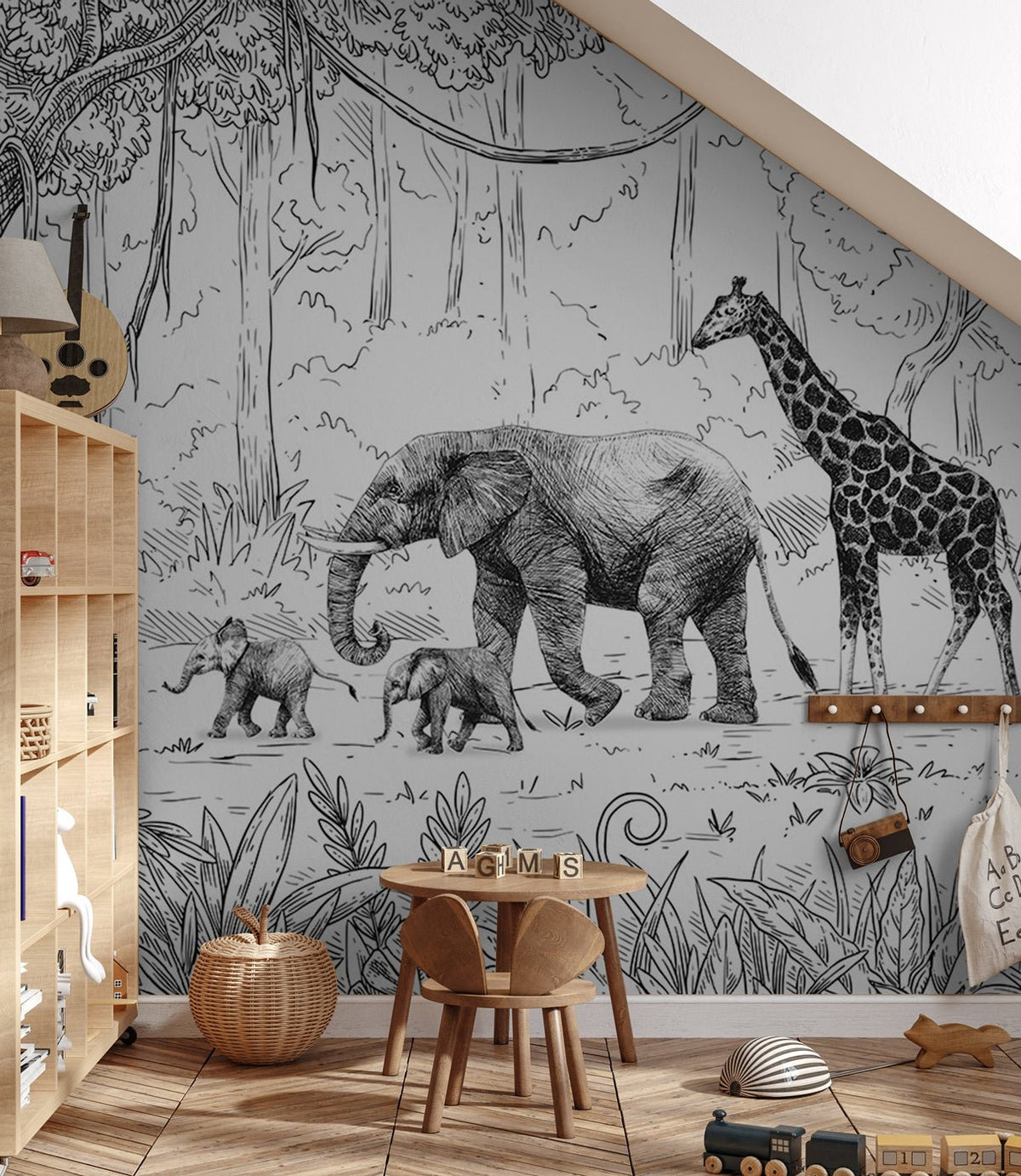 Black and white monochrome jungle children's wallpaper 