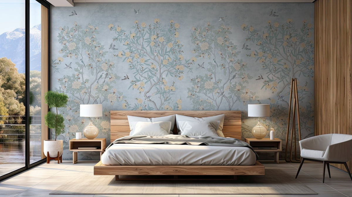 Blue chinoiserie garden wallpaper