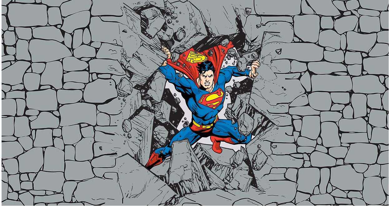 Papier peint panoramique héro superman BD démolition force mur, XXL, tendance