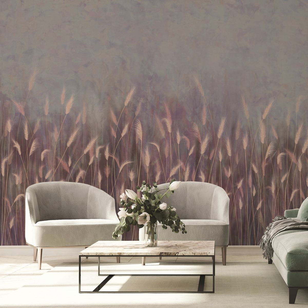 Wild grass panoramic pink wallpaper