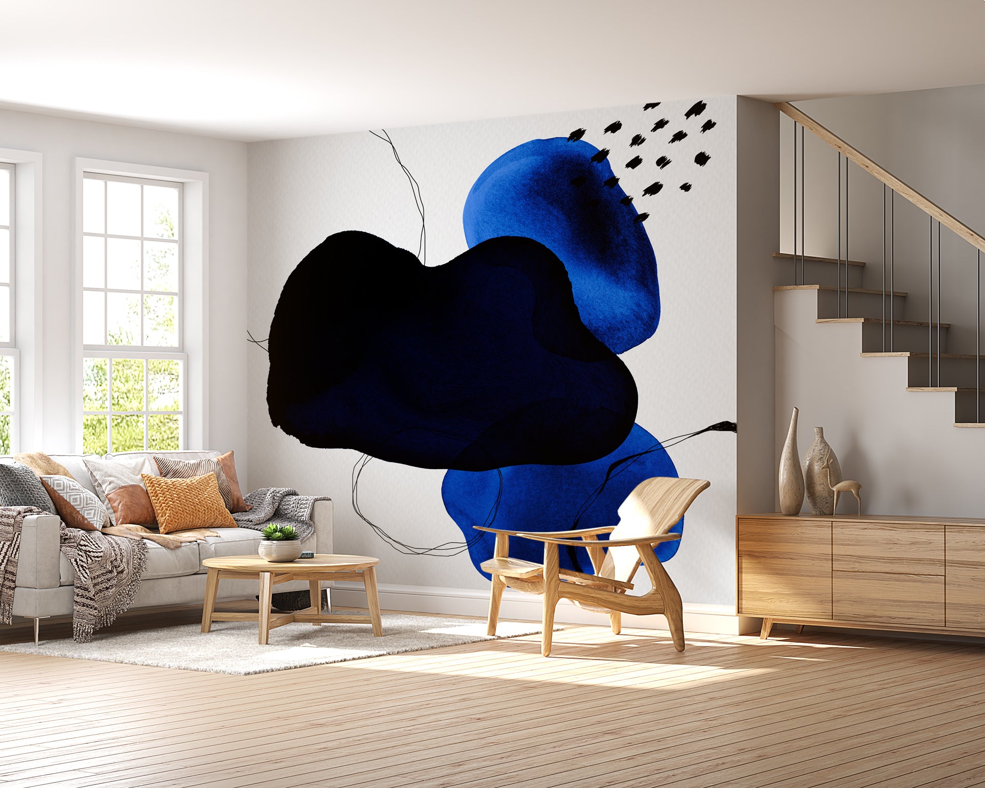 Papier peint moderne aquarelle bleu pétrole, mural concept, tendance