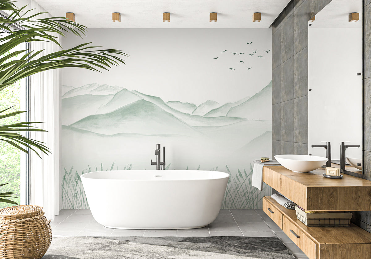 Artistic bathroom wallpaper Annecy between lake mountain green